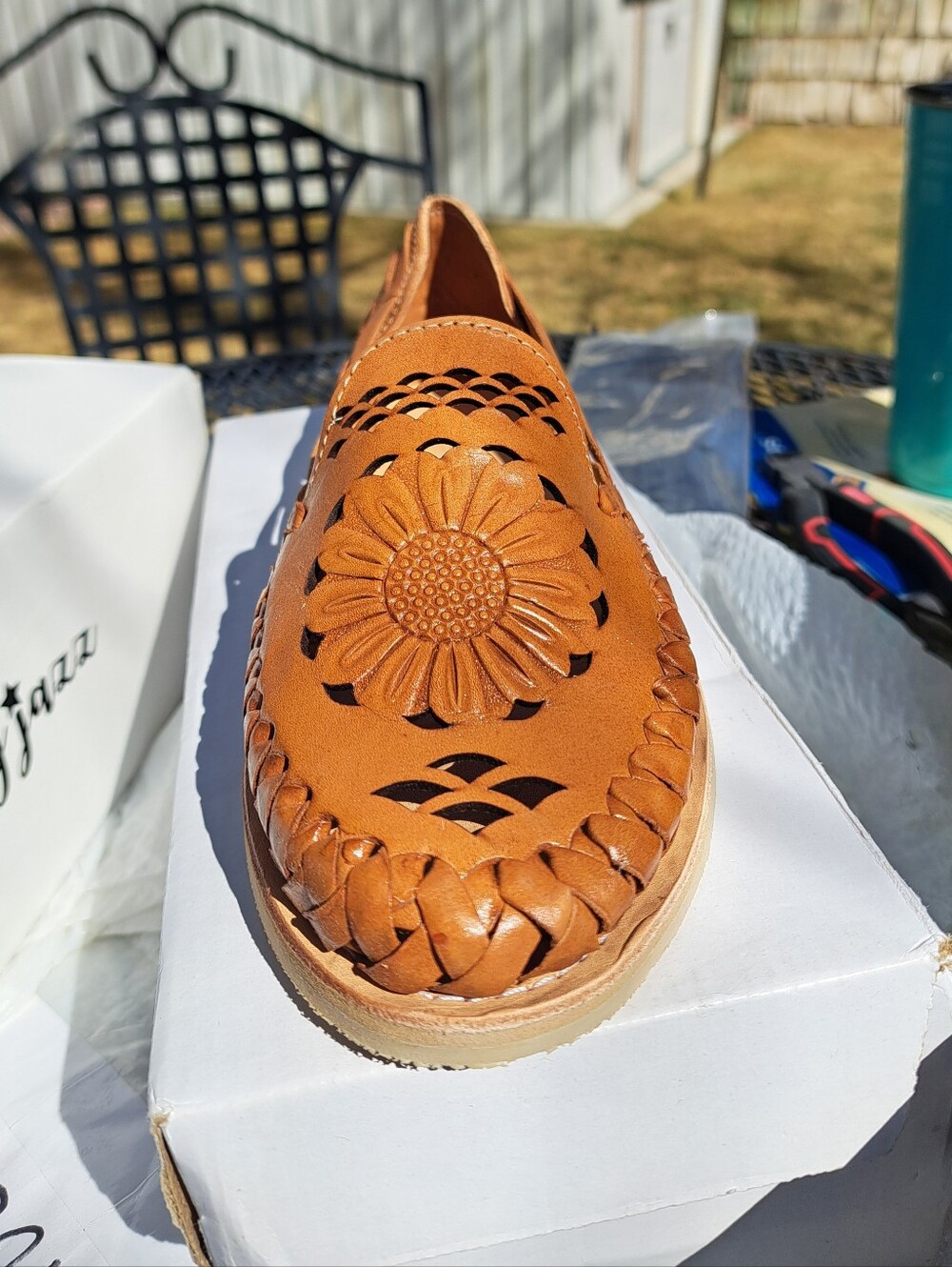 Women's Brown Leather Slip-On Moccasin with Sunflower Cutwork